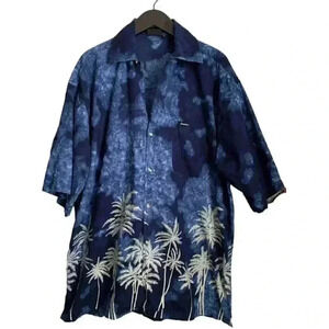 🌞 Blue Hawaiian Shirt by Revue - Size XL - Palm Trees (Top Button Missing)